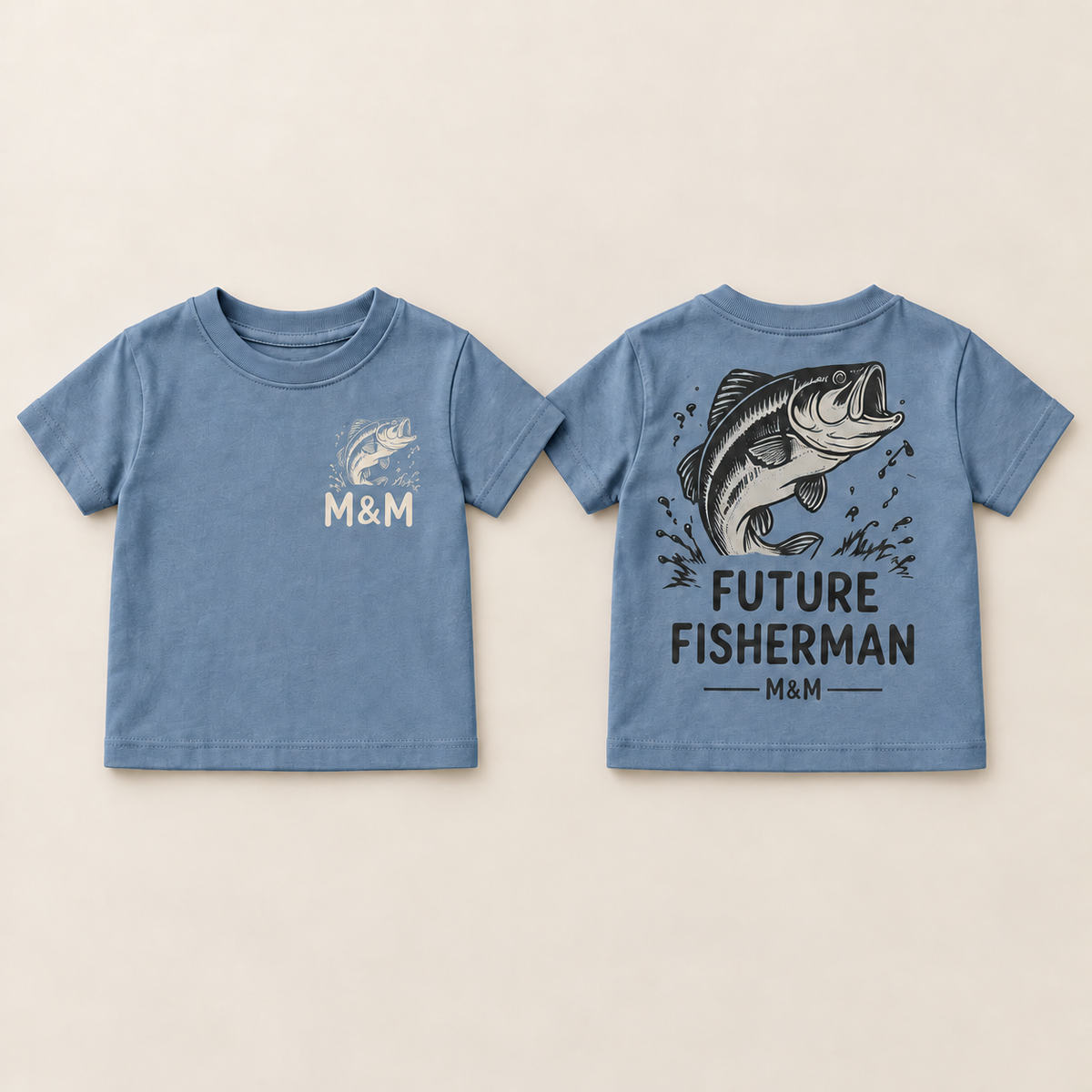 Future Fisherman toddler tee — matching leaping bass on front and back