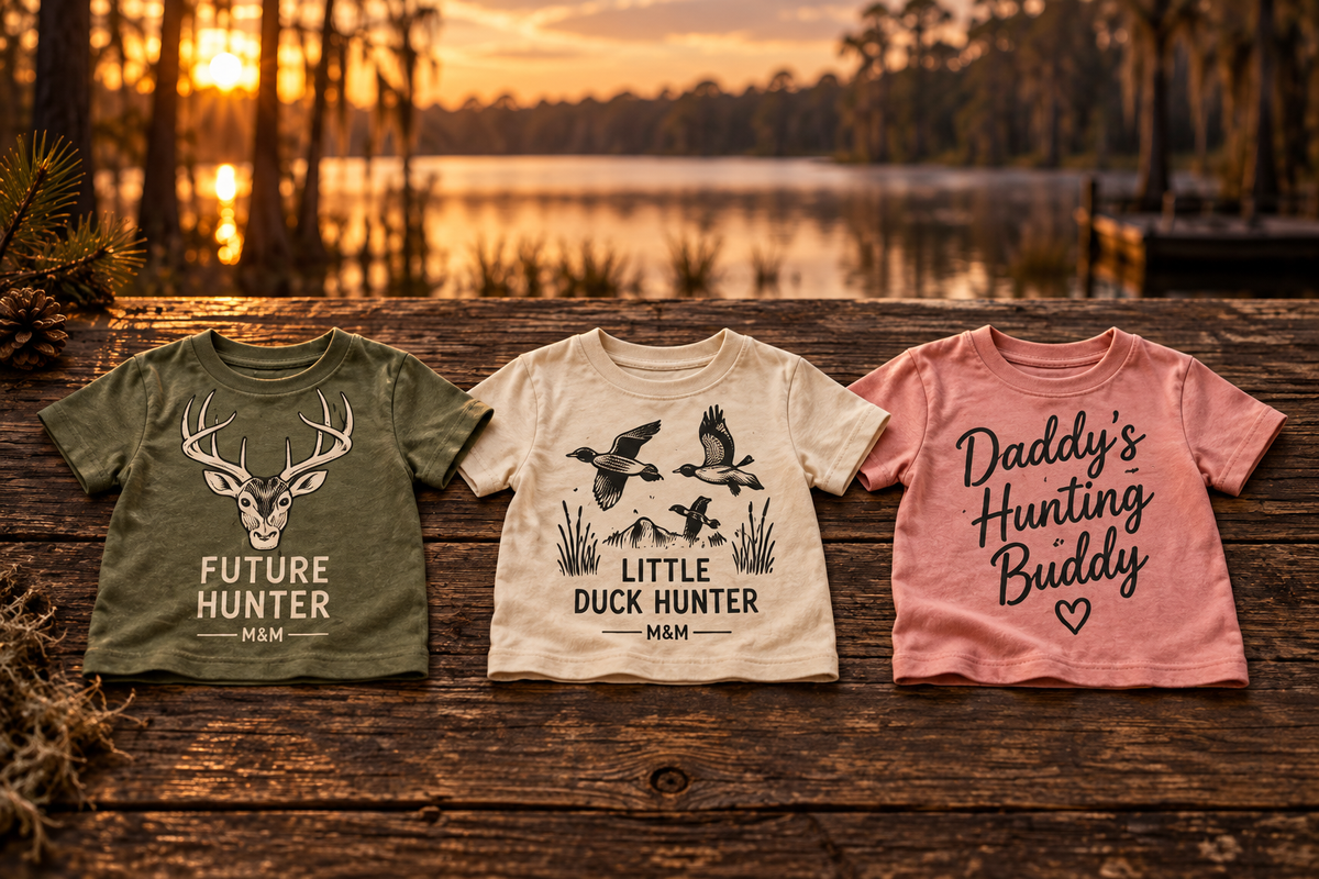 Three M&M toddler tees in olive, cream, and pink displayed on rustic wood beside a lake at sunset
